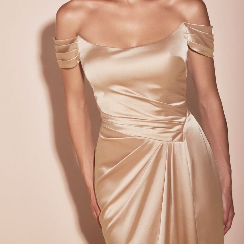 NEW FORMAL OFF SHOULDER LONG SHEATH SATIN GOWN W/ LACE UP CORSET BACK CD 7452 - Picture 9 of 10